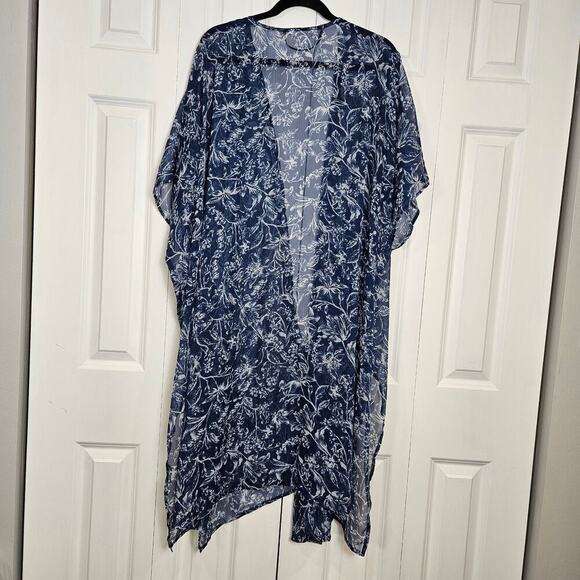Women's LC Lauren Conrad Long Floral Print Ruana One Size Blue White - Picture 2 of 5